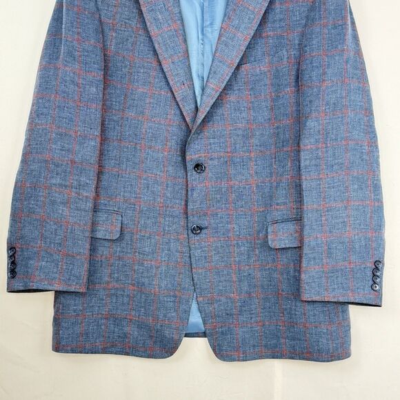 Paul Fredrick Linen Blazer Sport Coat Mens Size 43R Blue Plaid Jacket - Picture 8 of 16
